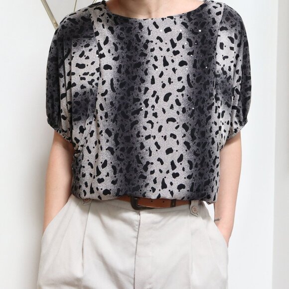 Y2K Animal Print & Striped Top/Dress w/ Batwing Sleeves, Black Grey Sequined Top - Picture 2 of 6